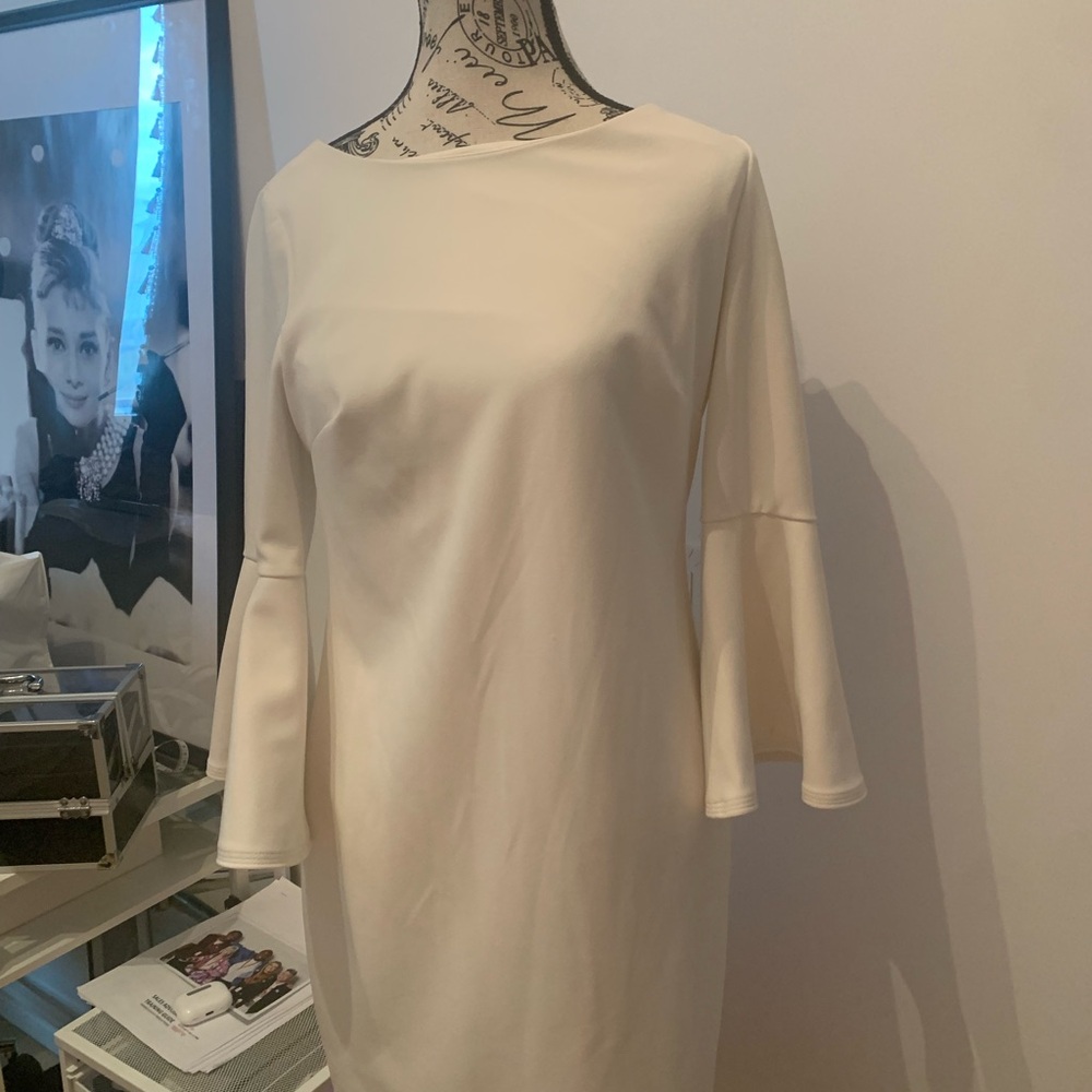 Calvin Klein Collection Cream Sheath Dress with Bell Sleeves
